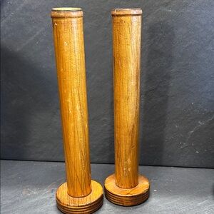 Vintage Primitive Wooden Bobbin Candlesticks 9”